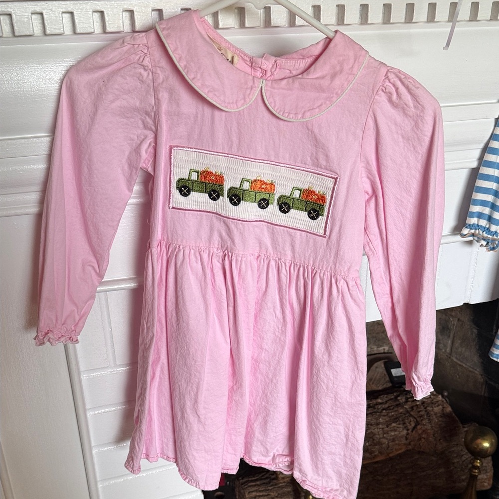 Pink Long-Sleeve Smocked Truck Embroidered Girls' Fall Dress 6